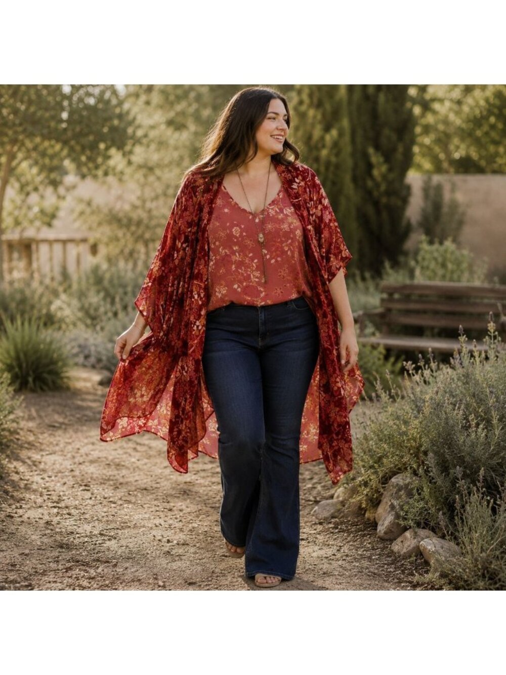 Torrid Burnout Ruana Kimono One Size Floral Velvet Burnt Orange Pink Floral Boho